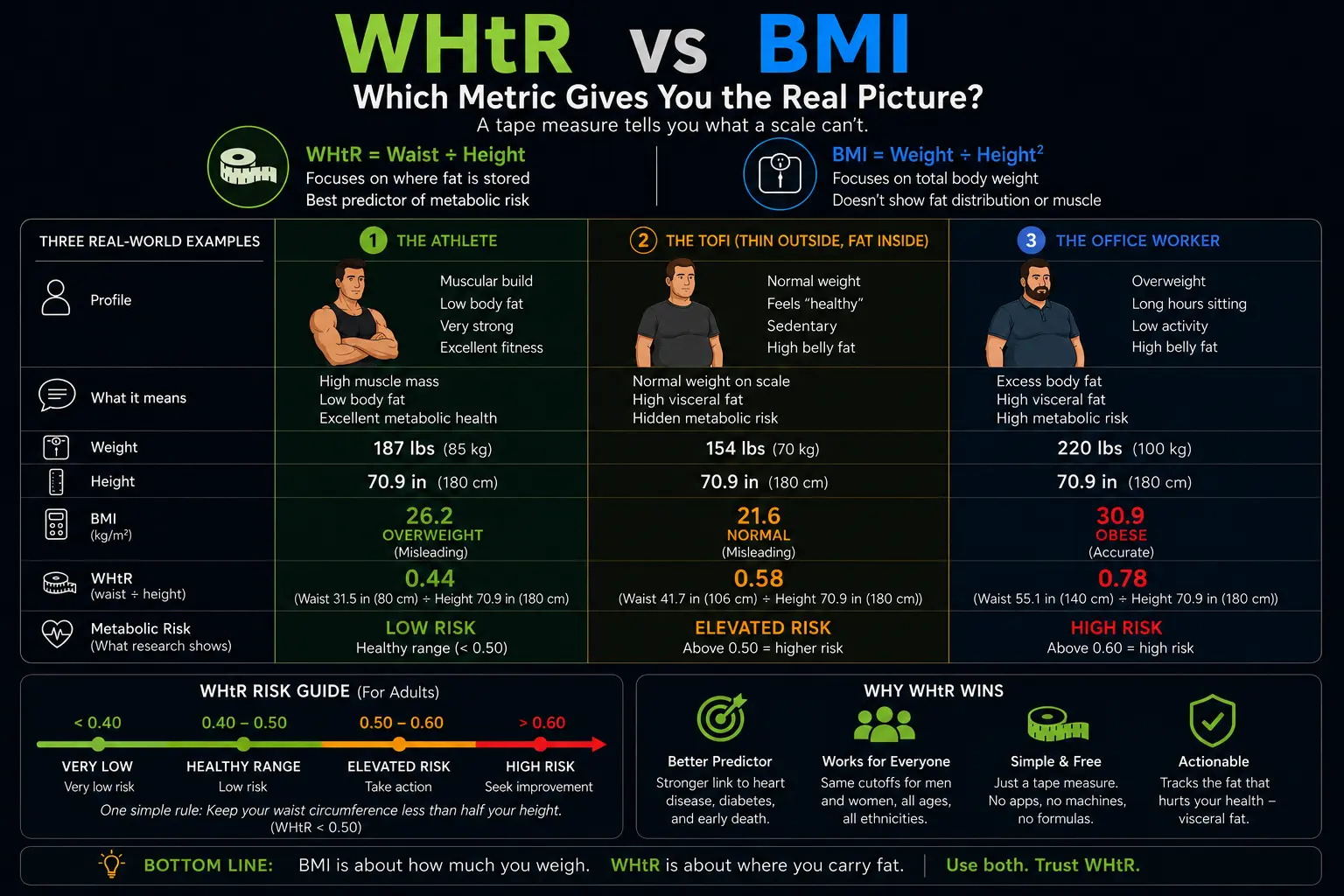 WHtR vs BMI infographic comparing three real-world examples — a muscular athlete misclassified as overweight by BMI but healthy by WHtR, a TOFI individual classified as normal by BMI but at elevated risk by WHtR, and an average office worker where both metrics agree on elevated risk