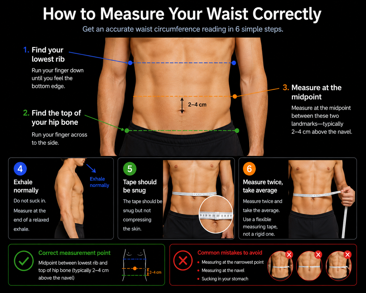 Diagram showing the correct waist measurement point for the insulin resistance risk check — midway between the lowest rib and the top of the hip bone, not the narrowest point