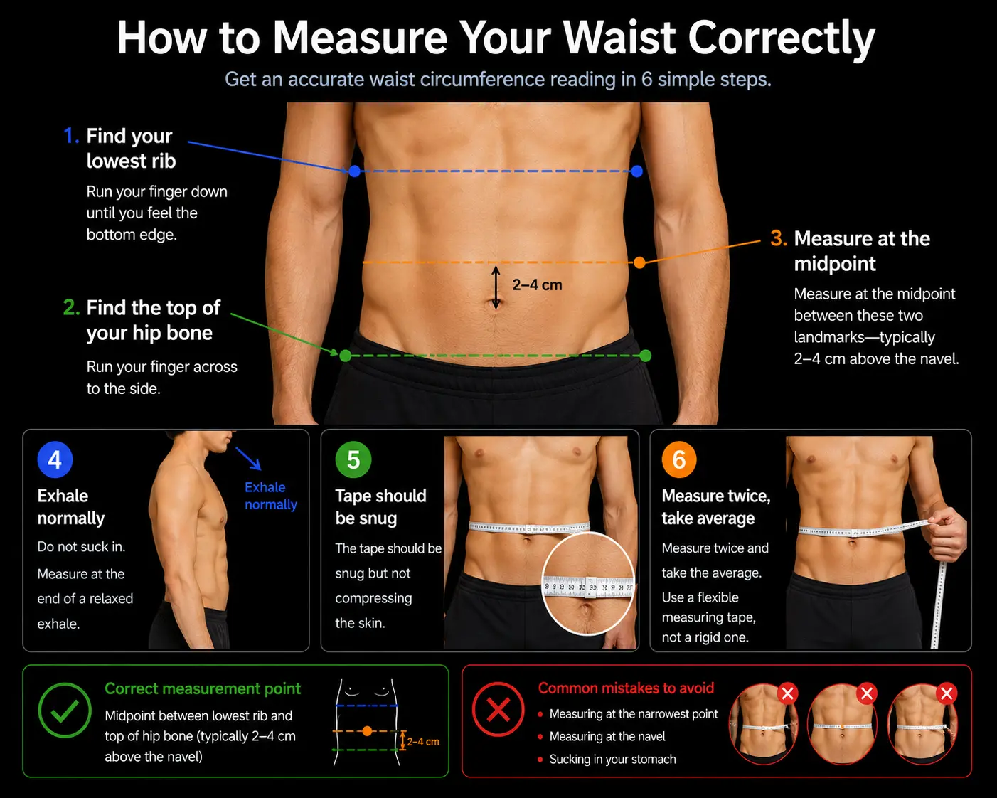 Diagram showing the correct waist measurement point for the insulin resistance risk check — midway between the lowest rib and the top of the hip bone, not the narrowest point